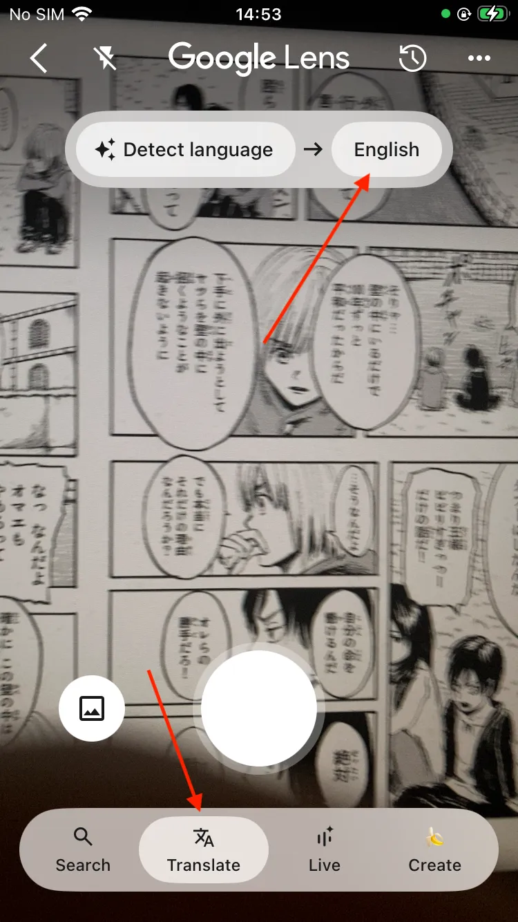 how to translate manga with google lens by selecting Translate and English language